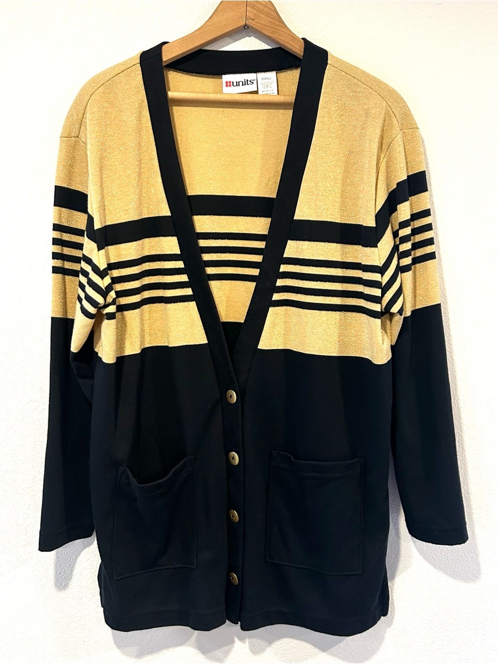 UNITS Vintage Black & Gold Metallic Button-Down Cardigan Retro 80s 90s Size S